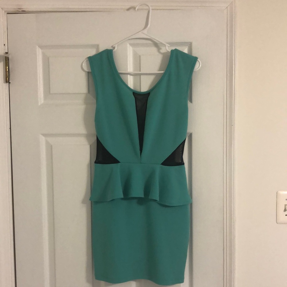 Green cocktail dress with black mesh